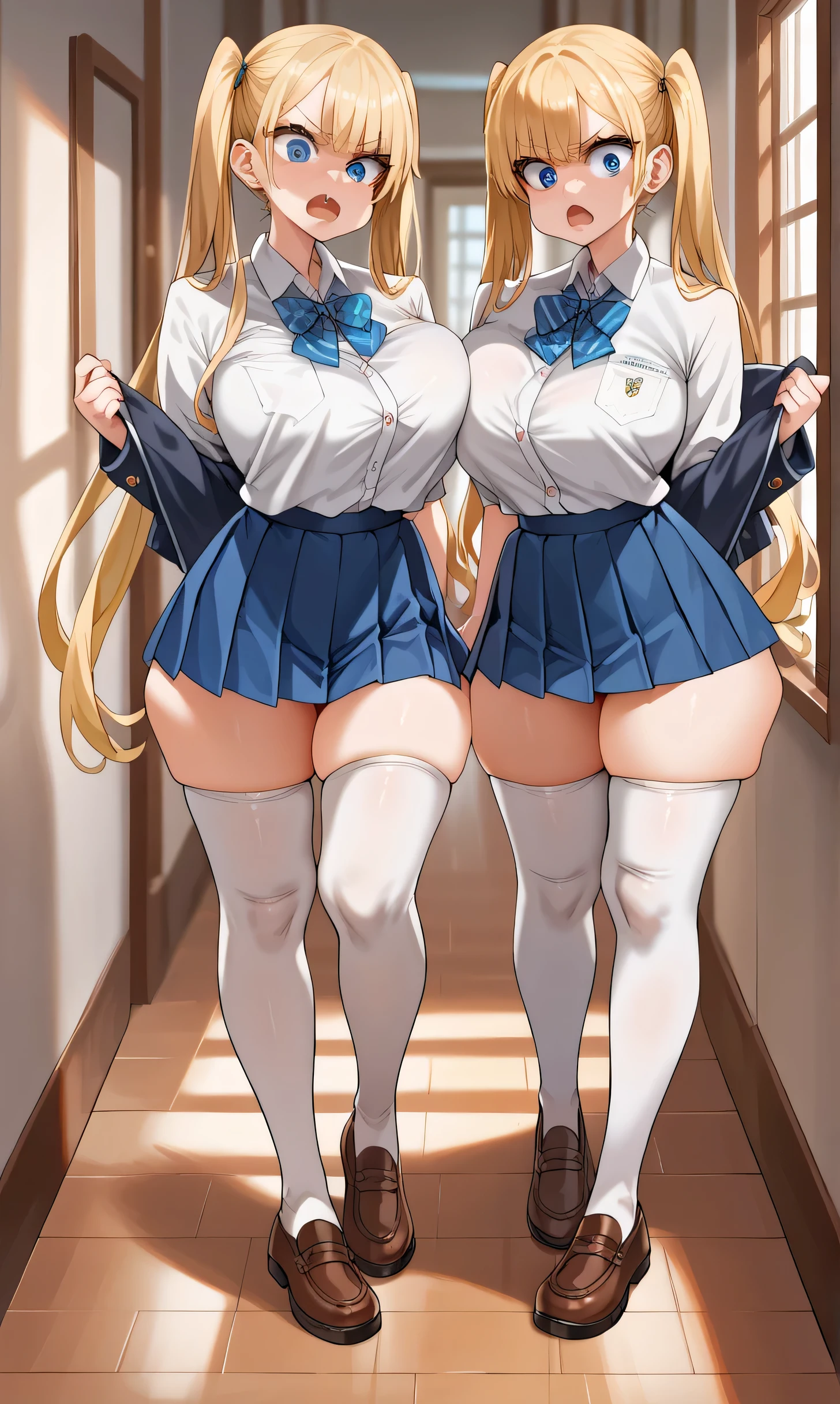 score_9,score_8_up,score_7_up,score_6_up,score_5_up,score_4_up,(source_anime),2girl,identical,long hair,breasts,looking at each other shocked, blue eyes,skirt,blonde hair,shirt,thighhighs,twintails,very long hair,school uniform,thighs,pleated skirt,fang,huge breasts,white thighhighs,blue skirt,skindentation,thick thighs,tented shirt,colored eyelashes, two identical girls angry in the hallway, miniskirt