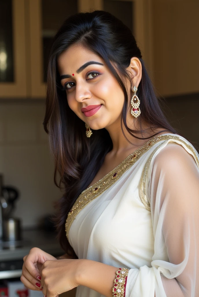 a beautiful mid-aged indian woman, standing, wearing designer saree, smiling, happy, (best quality,4k,8k,highres,masterpiece:1.2),ultra-detailed,(realistic,photorealistic,photo-realistic:1.37),HDR,UHD,studio lighting,ultra-fine painting,sharp focus,physically-based rendering,extreme detail description,professional,vivid colors,bokeh,portrait,photography