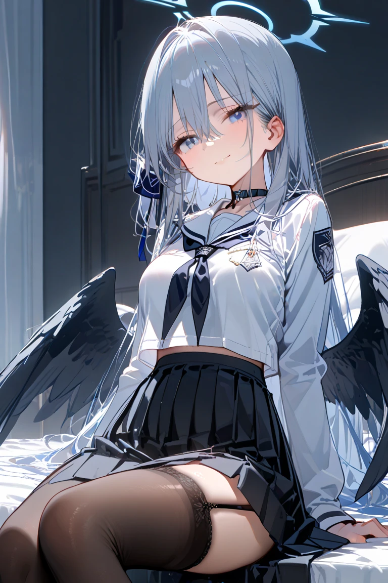 best quality,ultra detailed,extremely detailed and beautiful,perfect anatomy,perfect hands,train,(Molester),(rape),(1 girl,3 man),(amane kanata)+++, angel, angel_wings, asymmetrical hair,silver hair,mesh (blue), very long hair, two side up,flat chest,(black frill dress)+,black gloves, (white jacket)+++,opened jacket,asymmetrical legwear,half undressed,(contemptuous,disdain),(areola,one breast out:1.3),(Lift up shirt one hand:1.1),