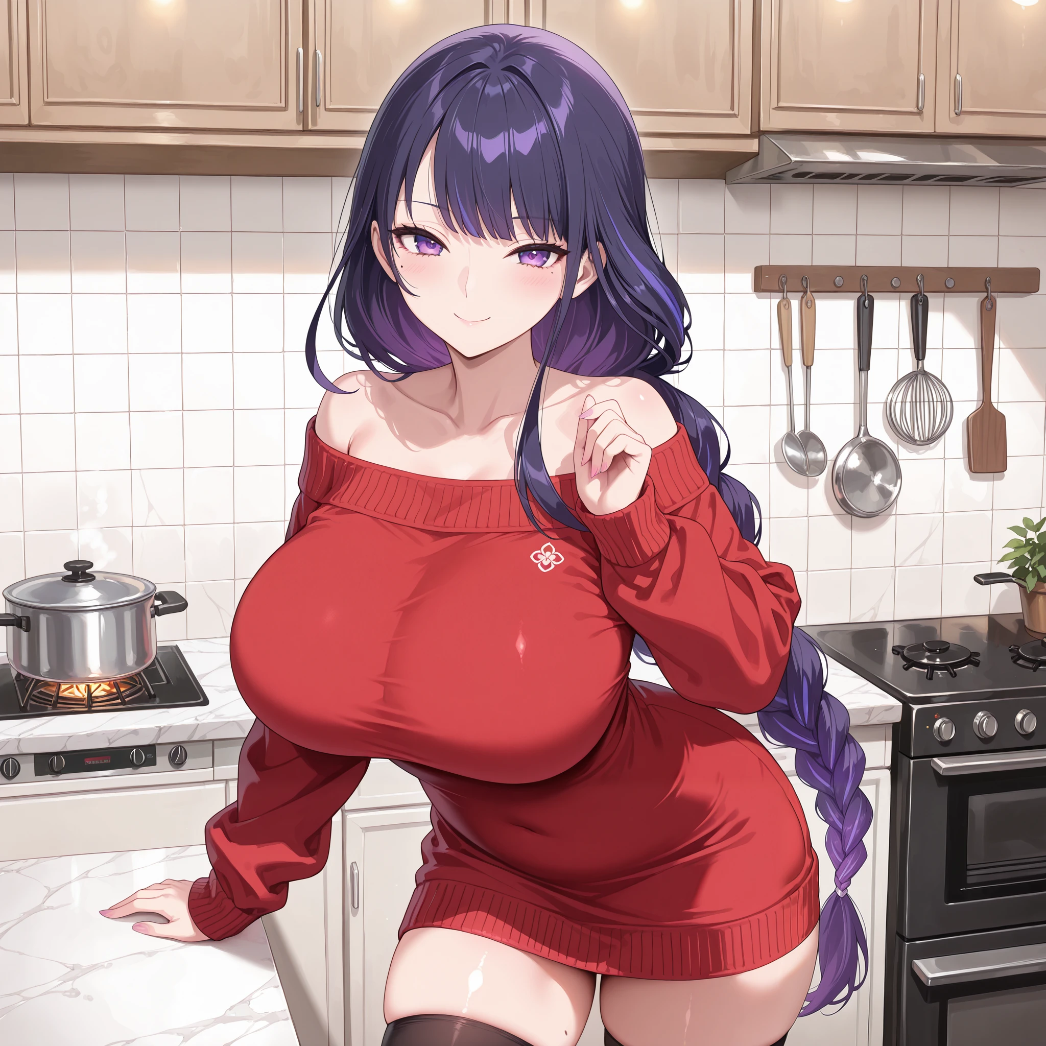 masterpiece, high quality, top quality, very aesthetic, absurd, raiden shogun, braid, braided ponytail, long hair, one mole, one mole under eye, purple eyes, purple hair, Off shoulder sweater , Off-shOulder drees sweater , medium long drees sweater , Off shoulder sweater , Red sweater, shiny black stocking, beautiful purple eyes, long purple hair, very big breasts, serious face, sexy pose, solo woman, anatomical details, drawstring, beautiful purple eyes, purple hair, smile, sexy, indoor, best quality, good eye, solo woman , kitchen , look a viewer, plump thighs, perfect background, Oppai / Large breasts slim body, seductive pose, , only one woman, perfect big thighs, beautifull kitchen, side,4k resolution, ( yor briar clothes)