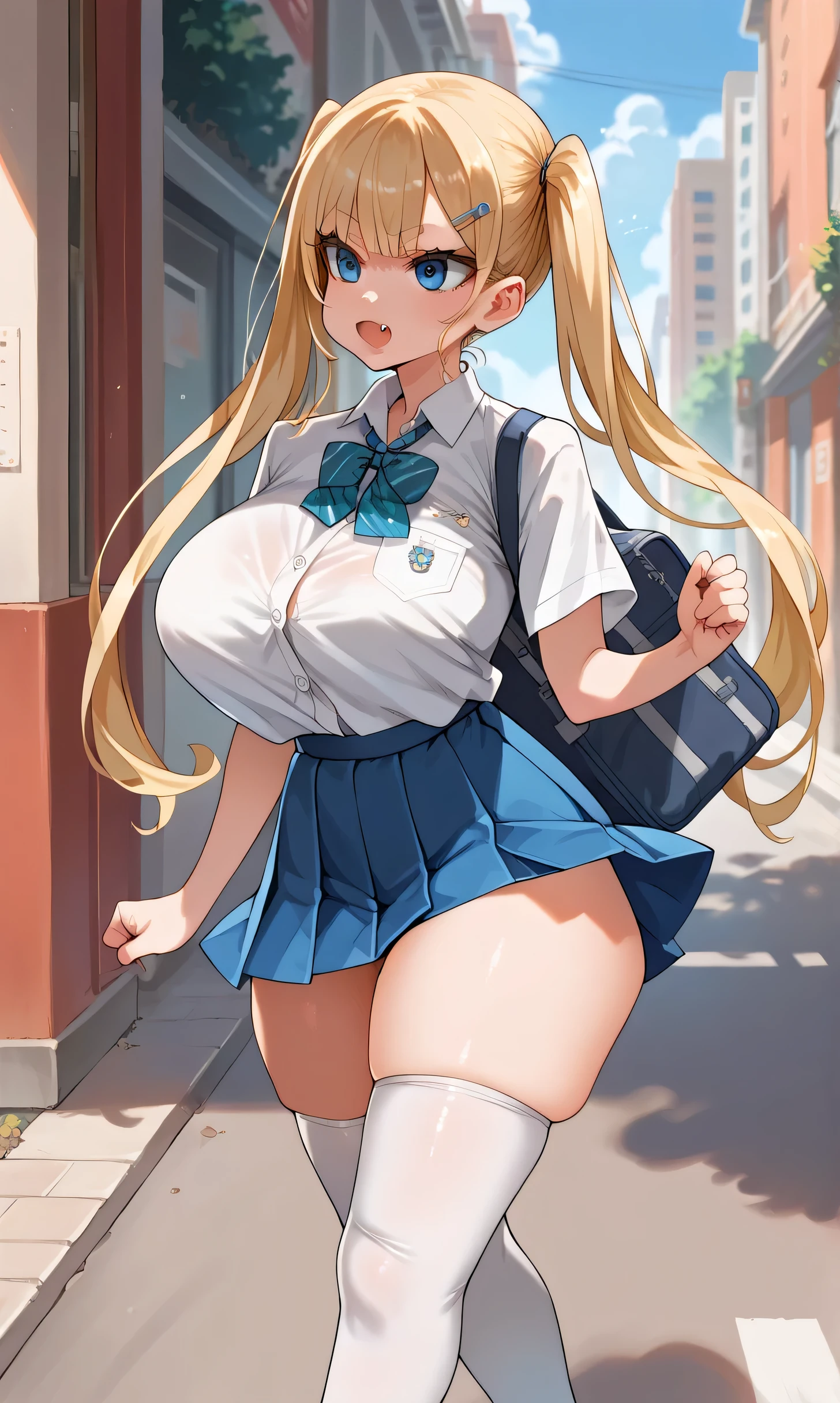 score_9,score_8_up,score_7_up,score_6_up,score_5_up,score_4_up,(source_anime),1girl,solo,long hair,breasts, street, running, blue eyes,skirt,blonde hair,shirt,thighhighs,twintails,very long hair,school uniform,thighs,pleated skirt,fang,huge breasts,white thighhighs,blue skirt,skindentation,thick thighs,tented shirt,colored eyelashes, side view