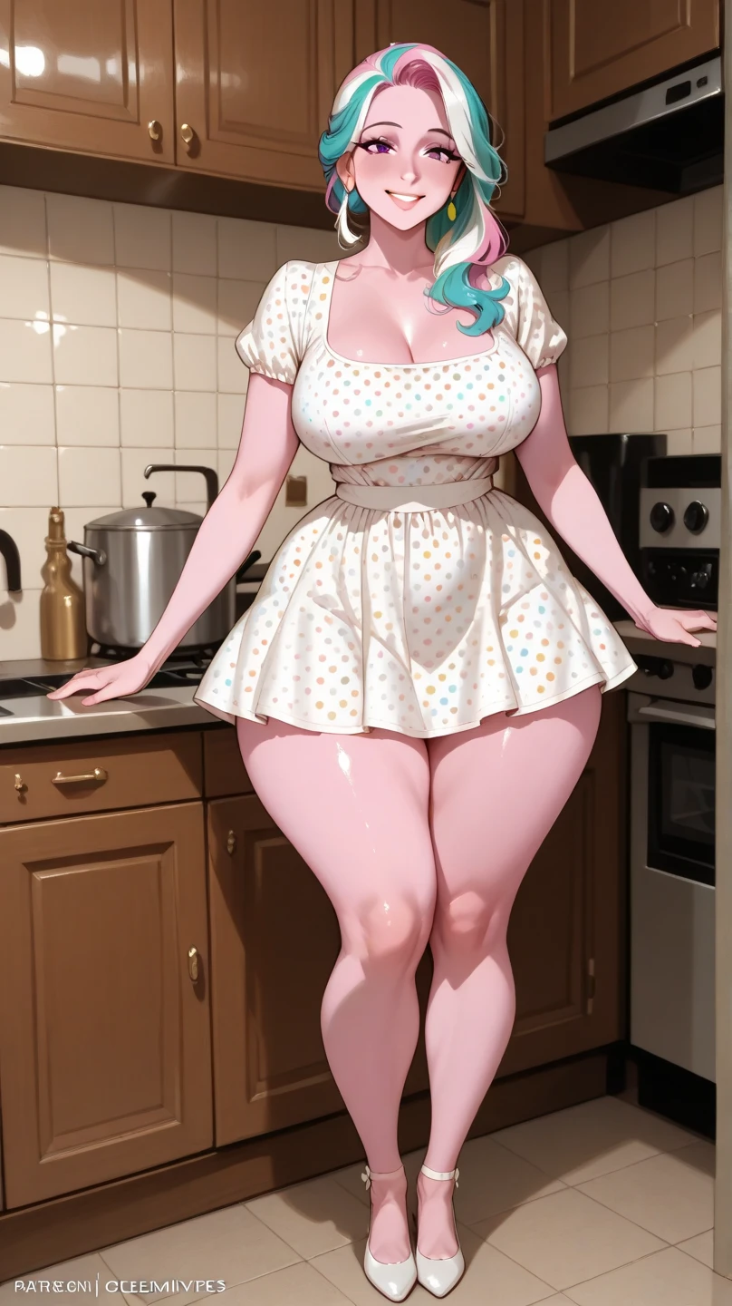 Belle Delphine, masterpiece quality, (masterpiece quality:1.3), realistic, (realistic:1.5), 1girl, (1girl:1.9), solo, (solo:1.9), in a fancy kitchen, lots of food in background, long hair, pink hair, (pink hair:1.5), naked breasts, (naked breasts:1.5), midriff, (midriff:1.5), wearing black panties, (black panties:1.5), wearing choker collar, wearing fishnet stockings, (fishnet stockings:1.5), chubby belly, (chubby belly:1.5), big breasts, (big breasts:1.5), lots of cleavage, (cleavage:1.5), smiling, (smiling:1.5),