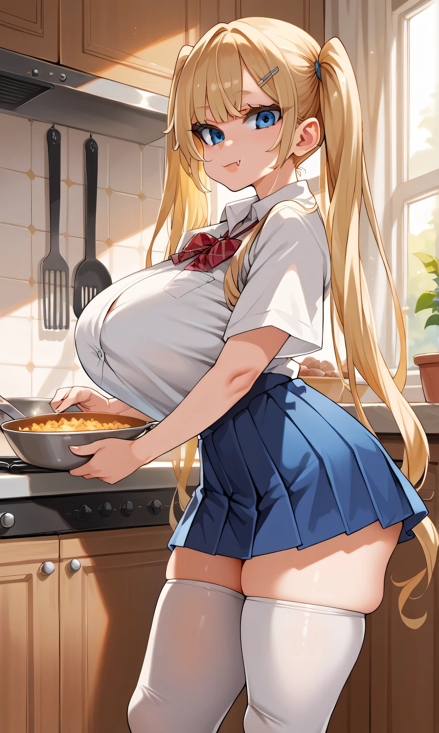 score_9,score_8_up,score_7_up,score_6_up,score_5_up,score_4_up,(source_anime),1girl,solo,long hair,breasts, cooking, kitchen, blue eyes,skirt,blonde hair,shirt,thighhighs,twintails,very long hair,school uniform,thighs,pleated skirt,fang,huge breasts,white thighhighs,blue skirt,skindentation,thick thighs,tented shirt,colored eyelashes, side view