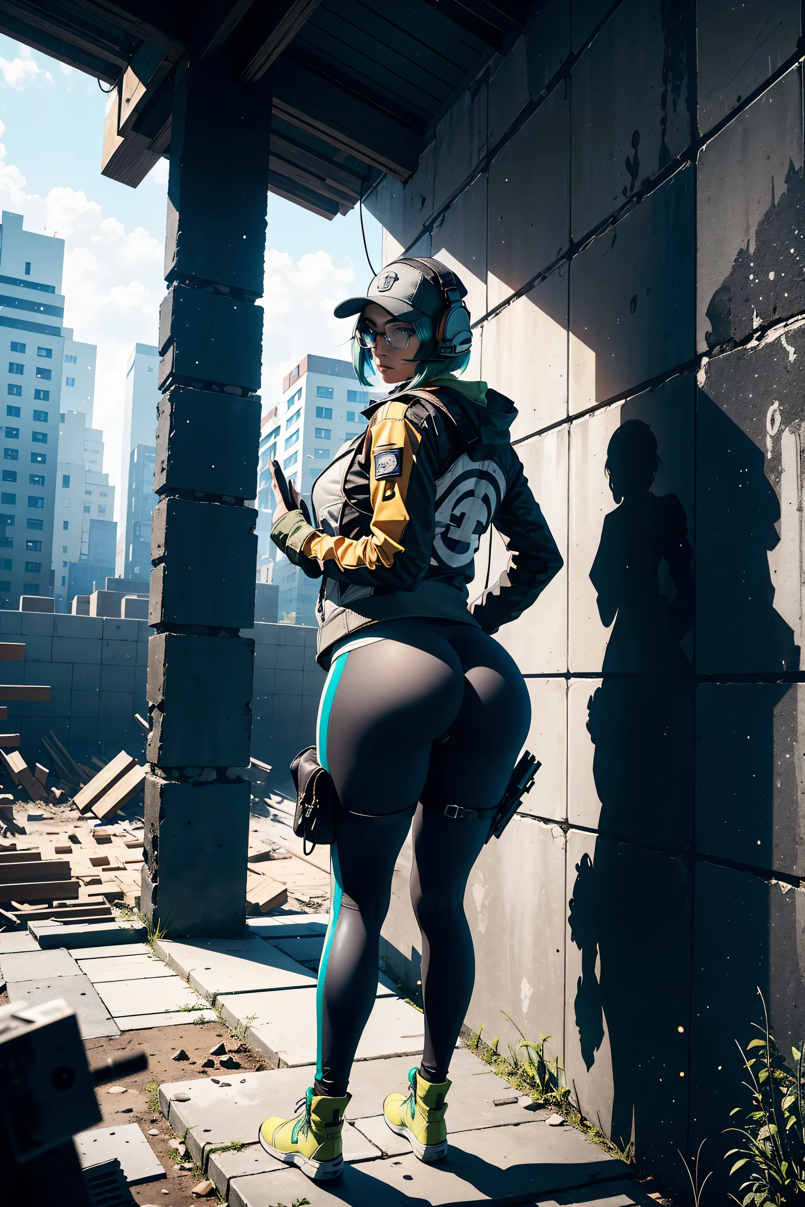 8K image has (Rainbow Six Siege)
, disguising, Alone, Green hair, bag ظهر, Shoes, has , glasses, glasses on headwear, has , Looking at scenes, jacket, I stumbled, bag, short hair , Headphone, blue eyes, disguising jacket, gloves, bag الخصر, I stumbled down, thigh bag الخصر, wireless antenna, military, Headphones, legingole object)), piercing eyes, looks at the viewer, dynamic position, ((construction site background الضخمة :1.0), looks back, ( huge ass :1.4)
, best quality, (Very realistic:1.2), looks at the viewer, film grains , construction site scene, construction site background, ruins, low angle
, Dark scene , Edge Lighting , two-color lighting, dimly lit, Low-level HDR,