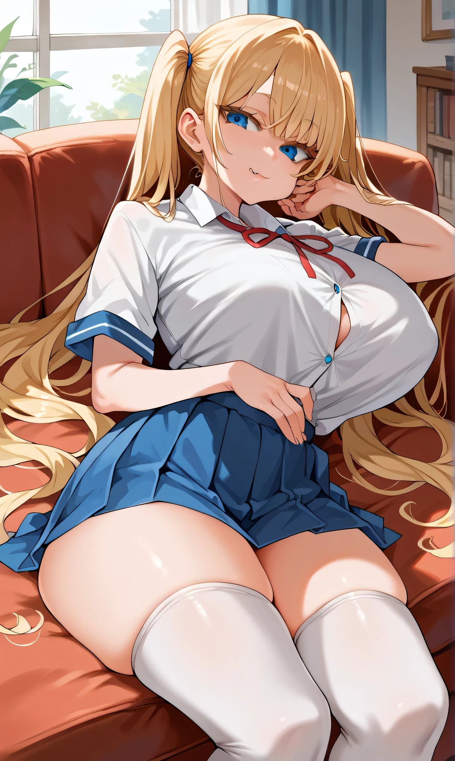 anime,An illustration,Light Blue Check Dress,Red glasses,blonde,Light blue mesh hair,beautiful girl,Sora Sakurano,One person,Spread your legs,Big Breasts,underwear,（四つん這い）