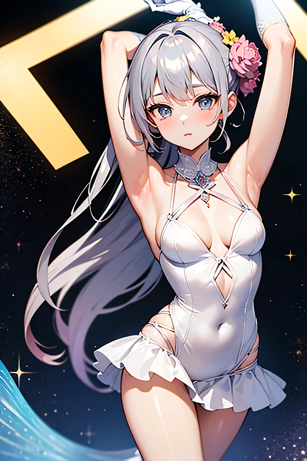 The erotic silver saint in a super high-cut, risqué slingshot and string swimsuit outfit has her hands raised, her legs spread wide, and is tied up with chains, suspended in mid-air, unable to move and feeling embarrassed.(((SFW、sound、Highest quality、first-class、masterpiece、Normal body、8k、Detailed face、Ultra-precision、Normal hand、Normal finger、5Finger、Highest)))、After repeated training, she has fallen into a state of pleasure and is always in heat, with her eyes turning into hearts.、Heart Eyes、180 degree split、Small breasts、Open your mouth and stick out your tongue