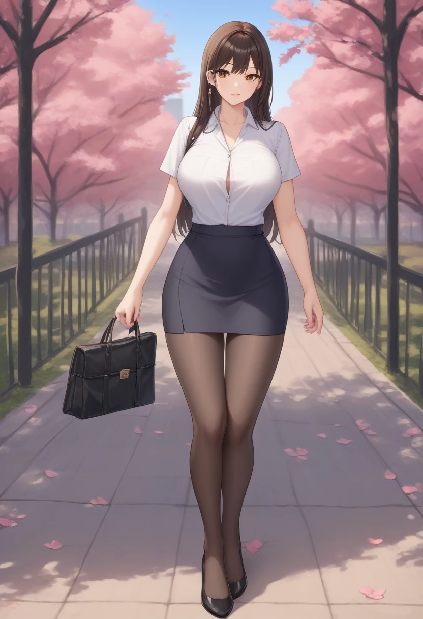 masterpiece, best quality, extremely detail 8k cg, high resolution, 1girl, kurenai yuhi, pale skin, black hair, red eyes, choker, outfit-gls, sweater, high-waist skirt, perfect ass, huge breasts, outdoors, garden, standing, beautiful face, wide shot photo, full body, from behind