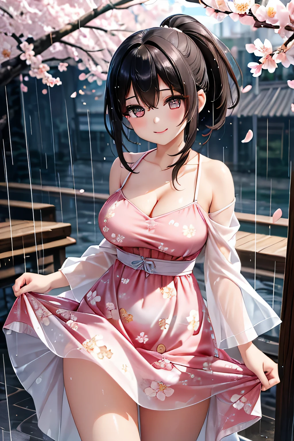 (masterpiece, Highest quality:1.4), Beautiful Face, 8K, 85mm, Absurd, (Floral Yukata:1.4), Face close-up, violet, Gardenia, Delicate girl, alone, night, View your audience, Upper Body, Film Grain, chromatic aberration, Sharp focus, Face Light, Professional Lighting, Sophisticated, (smile:0.4), (Simple Background, Bokeh Background:1.2), detailed aspects,(((Show me your nipples:0.57))),((Very young and small:1.2),(Pink hair with flowers:1),((Show me the vagina:1.5)),(Semen flowing from the vagina),(A remote controlled pink vibrator is inserted into her vagina),(Flowing Tears),(squint),(Mini skirt kimono)、One girl,, Crotch cutout, No crotch, No pants, Pussy,alone ,, Big Breasts, blush, White micro underwear, Bare arms, Strapless, Cleavage,ponytail、
