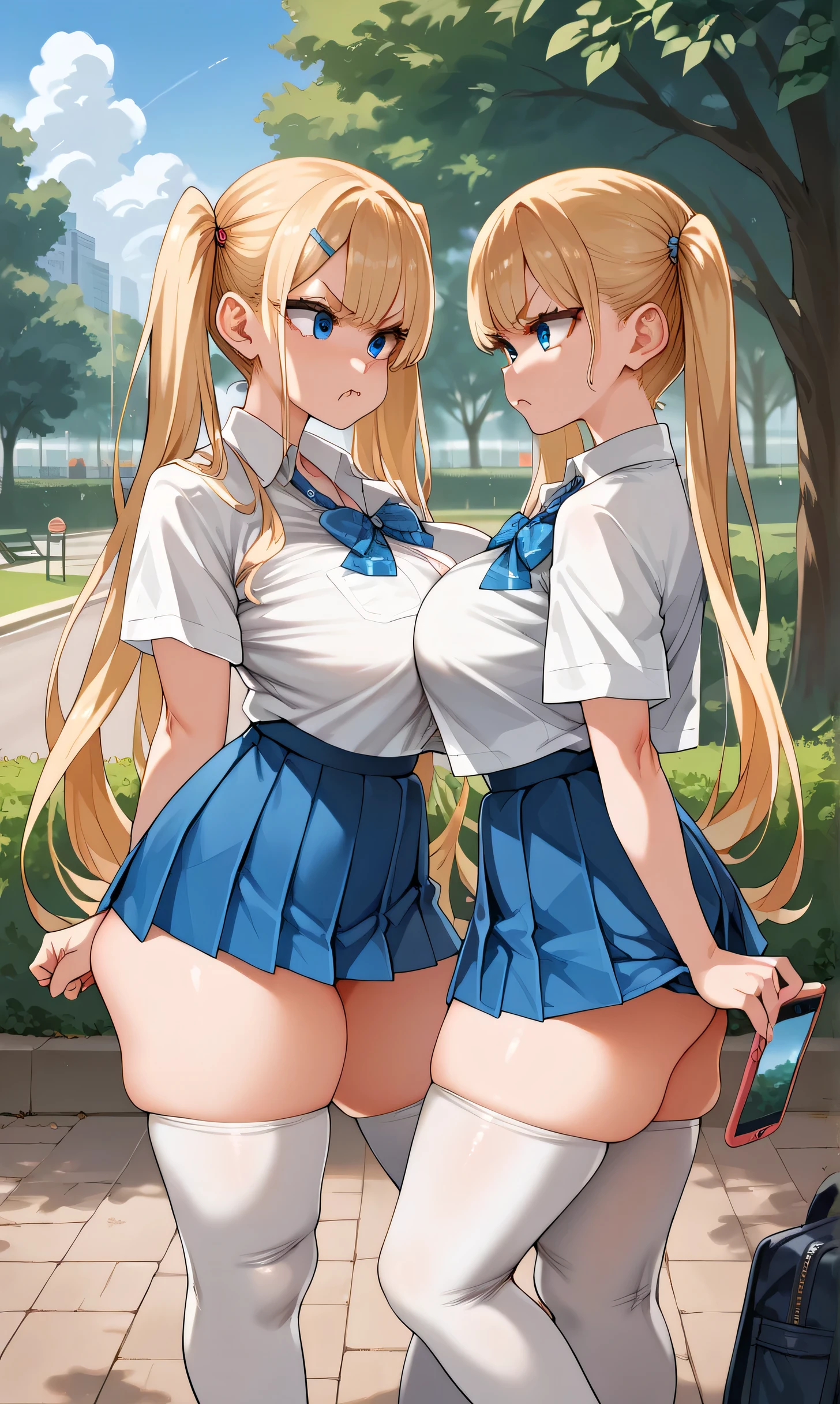 score_9,score_8_up,score_7_up,score_6_up,score_5_up,score_4_up,(source_anime),2girl identical,solo,long hair,breasts,looking her phone, blue eyes,skirt,blonde hair,shirt,thighhighs,twintails,very long hair,school uniform,thighs,pleated skirt,fang,huge breasts,white thighhighs,blue skirt,skindentation,thick thighs,tented shirt,colored eyelashes, park, standing in the park facing each other, looking at each other angry, side view