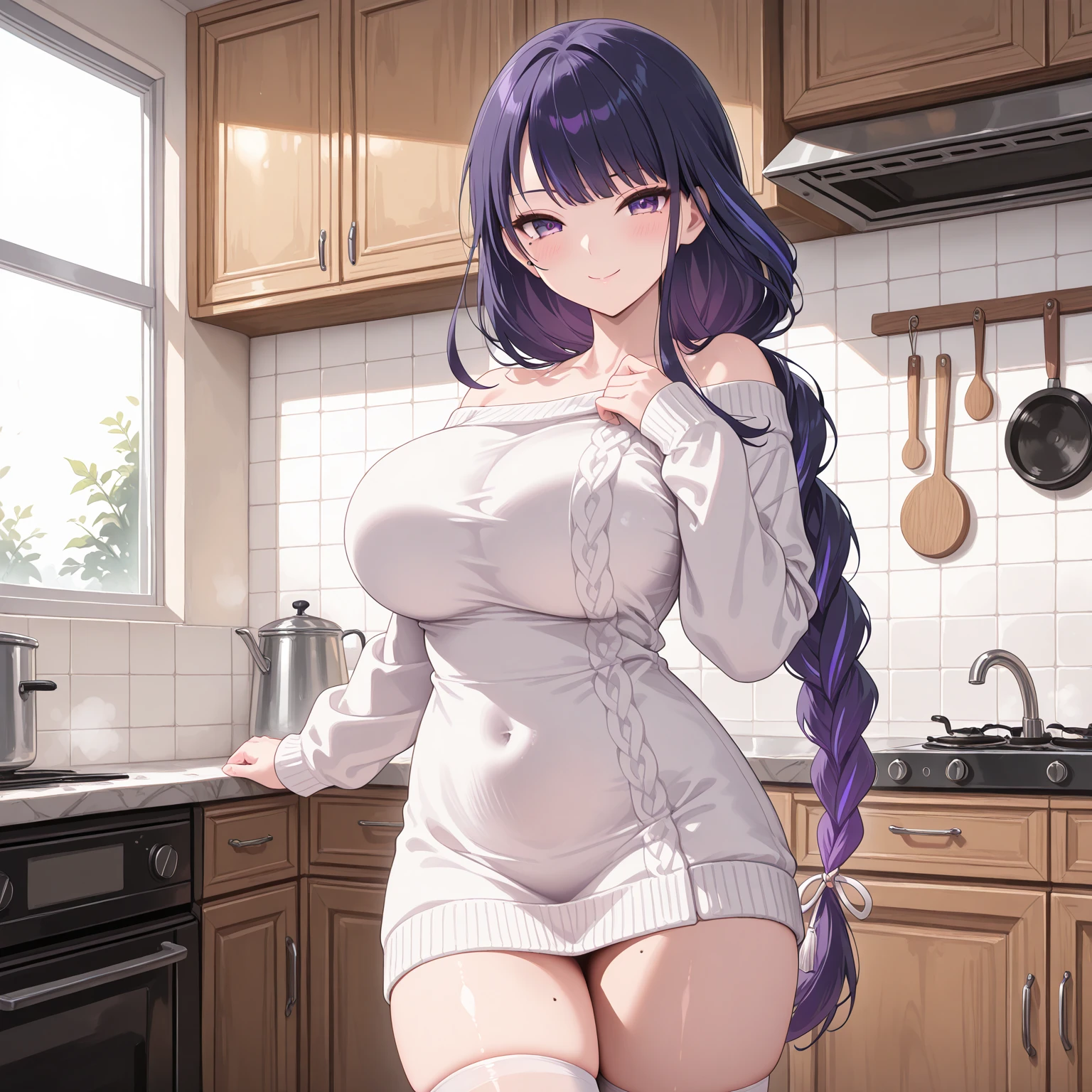 Married women、Mother and daughter、Married women、40 years old、Side Ponytail、wedding ring、Shoulderless sweater、Tight Skirt、kitchen、Highest quality, smile,, Big Ass、Big Breasts、Thighs、Lie on the table with your legs spread、Purple Panties、Big Ass、Sweaty ass、Sweaty crotch、She pulls up her knit sweater to reveal her purple bra、Purple bra、Big Ass、plump buttocks、Spread your legs