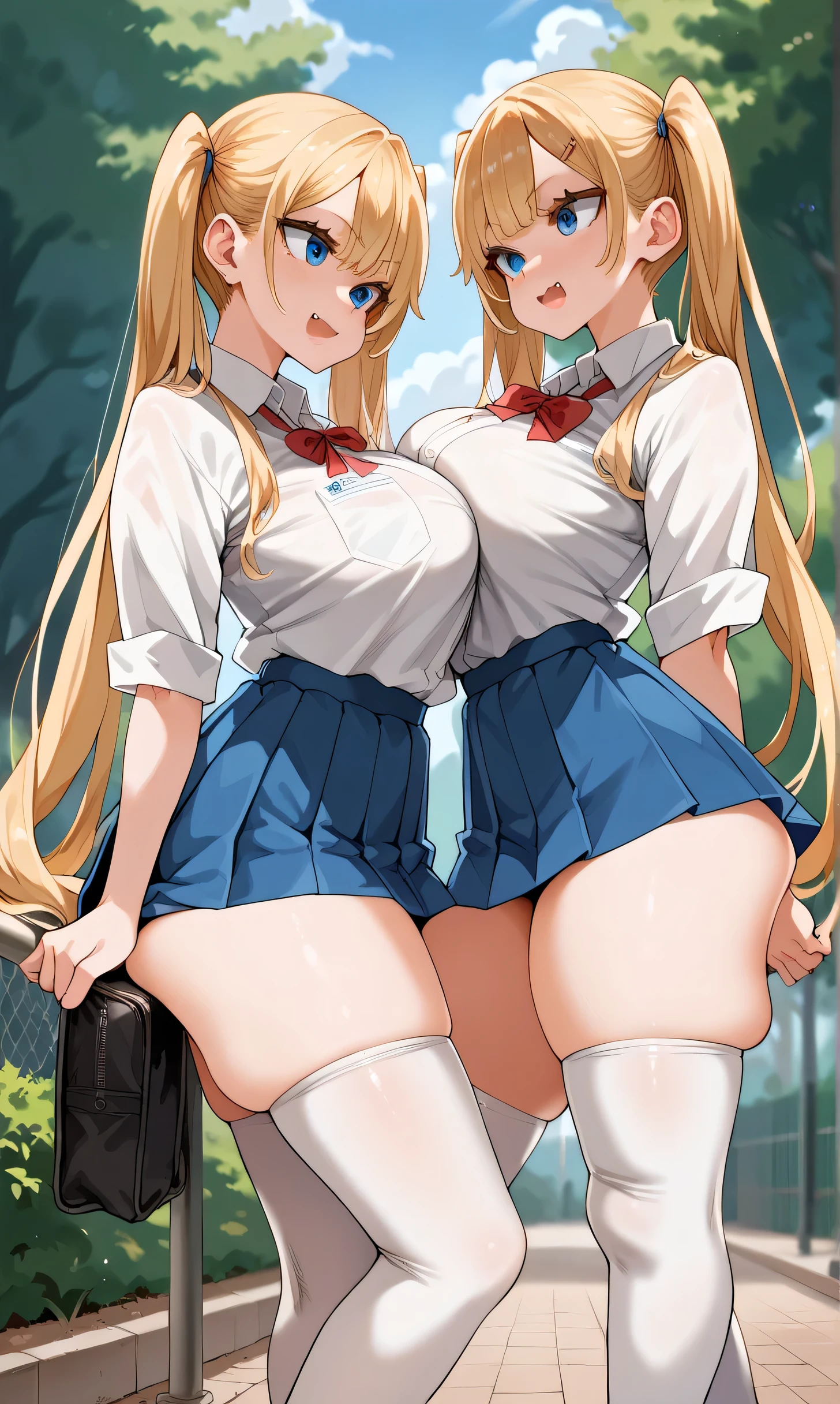 score_9,score_8_up,score_7_up,score_6_up,score_5_up,score_4_up,(source_anime),2girl identical,solo,long hair,breasts,looking her phone, blue eyes,skirt,blonde hair,shirt,thighhighs,twintails,very long hair,school uniform,thighs,pleated skirt,fang,huge breasts,white thighhighs,blue skirt,skindentation,thick thighs,tented shirt,colored eyelashes, park, standing in the park facing each other, looking at each other arguing, side view