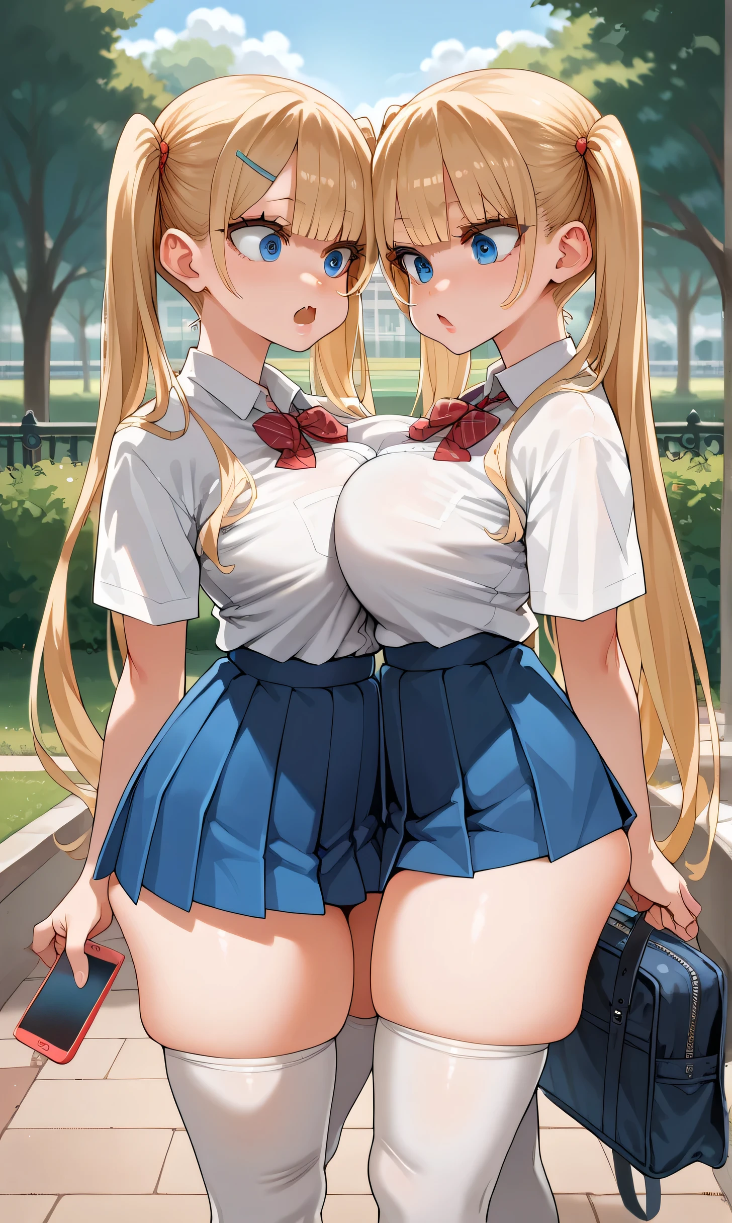 score_9,score_8_up,score_7_up,score_6_up,score_5_up,score_4_up,(source_anime),2girl identical,solo,long hair,breasts,looking her phone, blue eyes,skirt,blonde hair,shirt,thighhighs,twintails,very long hair,school uniform,thighs,pleated skirt,fang,huge breasts,white thighhighs,blue skirt,skindentation,thick thighs,tented shirt,colored eyelashes, park, standing in the park facing each other, looking at each other shocked, side view