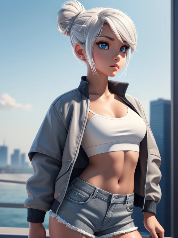 best quality, super fine, 16k, incredibly absurdres, extremely detailed, 2.5D, delicate and dynamic, beautiful woman, white messy wavy hair, captivating look, wearing fitness uniform with white crop tank top and black low rise pants, superlative body proportion, abs, beautiful view from the rooftop of a skyscraper on a clear day
