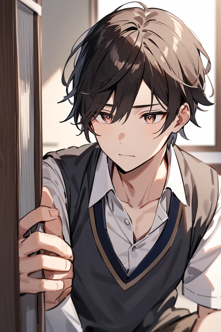 A young anime guy with short black hair and a white shirt about 30 years old stands in the house of the village, with a red and swollen face wound (1.8 blow wound on the face) (wound redness and swelling 1.5) (gritted teeth 1.5) (the background is 1.5 in the room of the village) anime style 4 K, anime rendering, anime style. 8k, handsome anime face (upper body display 1.5) (handsome boy 1.3) (cinematic light 1.5)