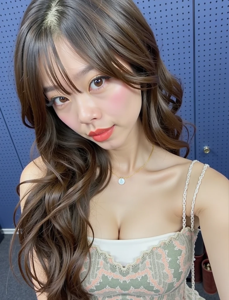 A photo of a girl with long hair, a cute face and big eyes, wearing a black tank top and silver earrings. She has delicate features on her face and soft lighting as she takes selfies in the bathroom. Her style is reminiscent of . --ar 103:128