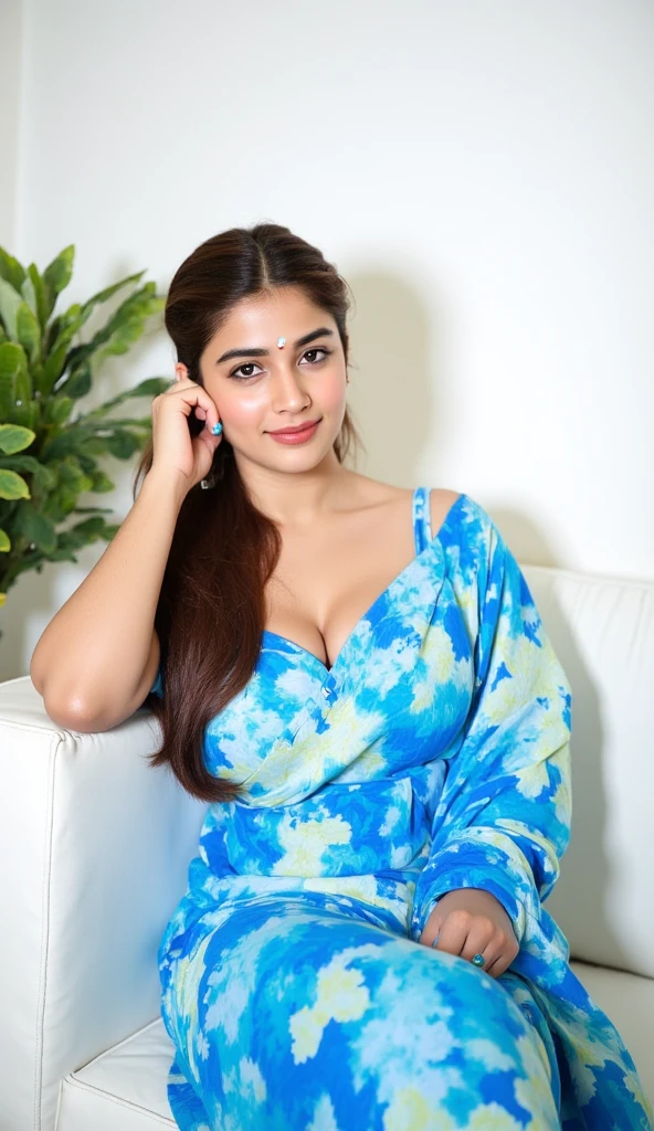 day scene, extreme close up photo of Pranitha Subhash from top view, big cheeks, swooping breasts, kneeling in a balcony, armpits, (blue eyes:1), necklace, 35 yo, look at viewer and smile, (cinematic:1.3), intricate details, (ArtStation:1.2)