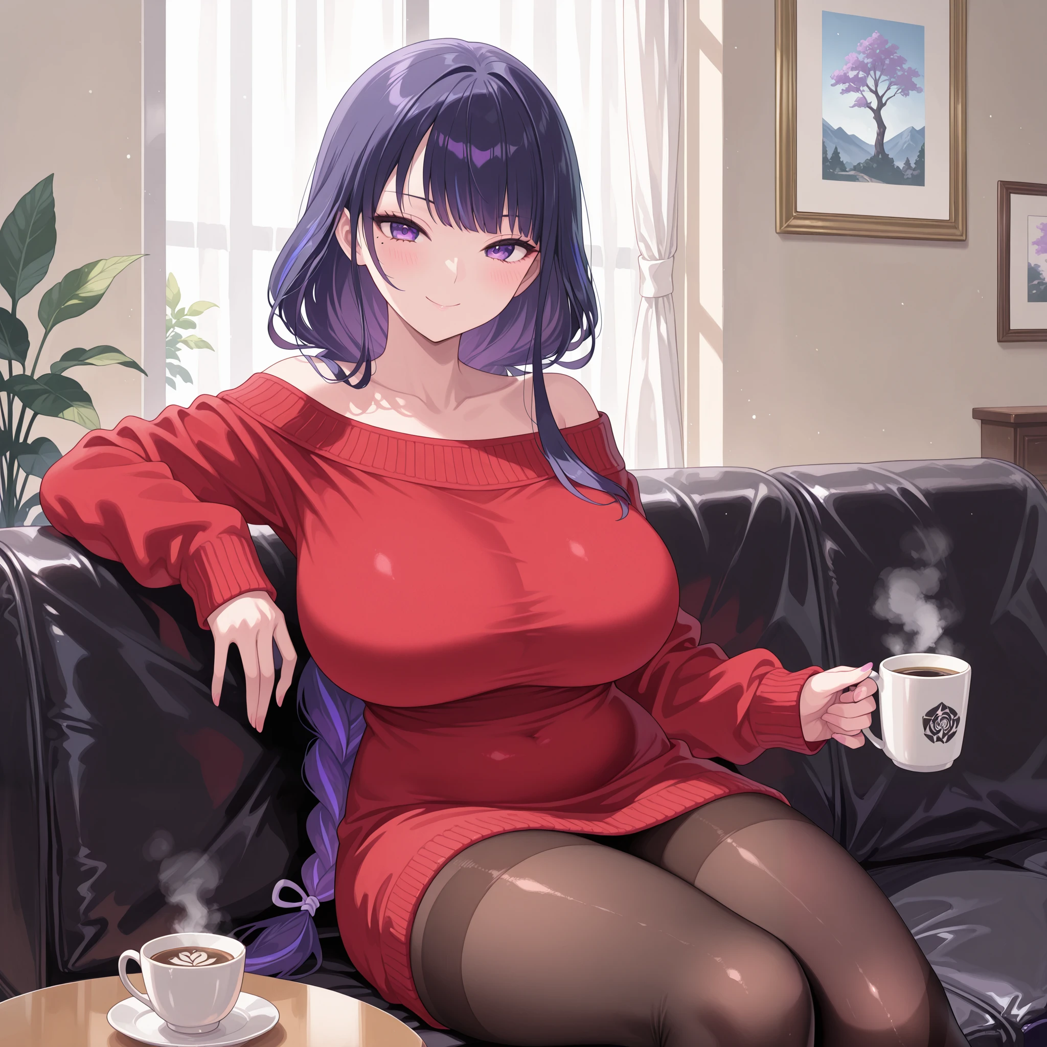 1 girl, red-purple hair, very long hair, violet eyes, beautiful eyes, big eyes, big lips, glossy lips, very curvy body, big breasts, long legs, big butt, wide hips, thick thights, defined image, seductive gaze, dressed cozy, cozy home, on the sofa, drinking a cup of warm tea, dressed in a warm cozy sweater, cozy outfit