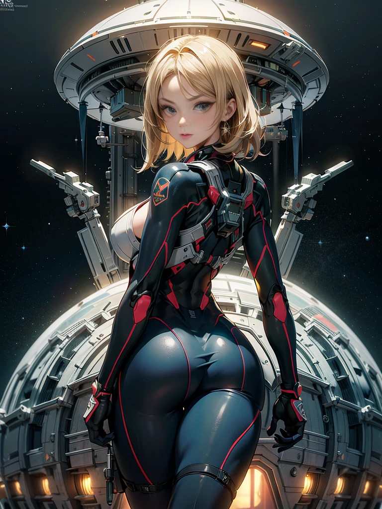 (masterpiece), 1girl, solo, best quality, expressive eyes, perfect face, upper body, beautiful face, mature woman, focused, beautiful eyes, orange eyes, medium grey hair, brown skin, spaceship, bodysuit, sci-fi, space, stars, front view, close up, pink lipstick, crystal necklace, pink blush, facing viewer, grown up woman , mature face