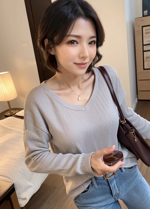 Solo,(Sexy and provocative smile), (Shiny skin:1.05),(blush:0.9),(Skin Dentition:1.15),Realism, Mastepiece, Top quality, High resolution,Disorganized, (Perfect Face:1.1),highest quality,,SLR,Feels good,A transparent atmosphere,Light makeup,Sexy Lips,Diagonal bangs,Facial beauty,Berry Short,Shortcuts,Short Hair,Making bangs,Natural soft light,One girl,depereblanca,Gazing into the distance,Duck mouth,Thin and fine eyebrows,Brown eyes,Tall,Well-shaped bust of moderate size,("I can see your breast shape",PurerosFace,Cowboy Shot,necklace,watch、18-year-old,Young woman,Gray turtleneck knit T-shirt,silk,cashmere,Smooth fabric,Calm fashion,tight,Thighs,Clean office,Big blinds,White wall,There is a big window on the wall,Large office,High ceilings,Passages with depth,Chest,Landscape,Sticking out your ass,Protruding nipples,