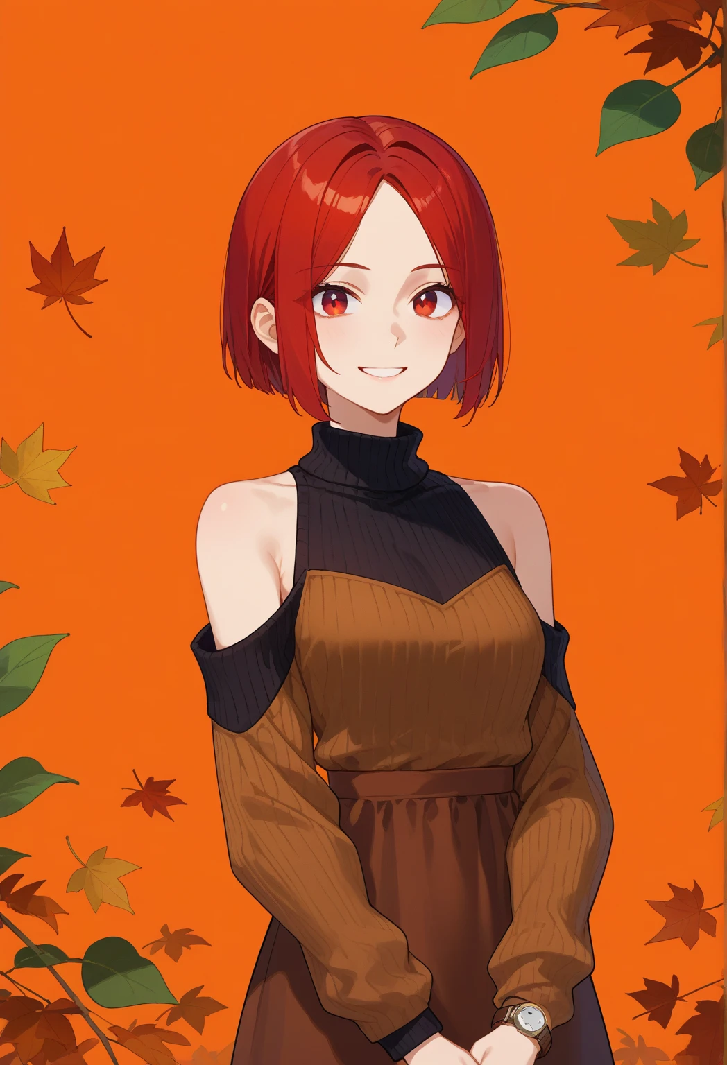score_9, score_8_Upp, score_7_Upp,  1girl, autumnal, autumnal leaves, black Sweaters, bob cut, , brown Manteau, brown dress,  Keep one's mouth shut , Manteau, large , leafs, leafs background, longer sleeves, watch the audience,  mid - length hair , cropped shoulders, Orange background, red eyes, Red hair , ribbed Sweaters, dress, Smile , alone, Sweaters, slanted bangs, 高领Sweaters, 高领Sweaters Sweaters, Uppper body, waved