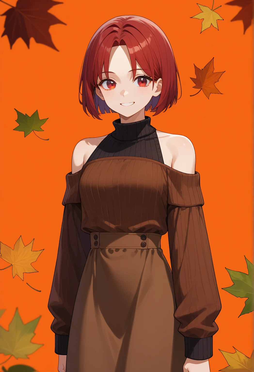 score_9, score_8_Upp, score_7_Upp, 1girl, autumnal, autumnal leaves, black Sweaters, bob cut, , brown Manteau, brown dress, Keep one's mouth shut , Manteau, large , leafs, leafs background, longer sleeves, watch the audience, mid - length hair , cropped shoulders, Orange background, red eyes, Red hair , ribbed Sweaters, dress, Smile , alone, Sweaters, slanted bangs, 高领Sweaters, 高领Sweaters Sweaters, Uppper body, waved