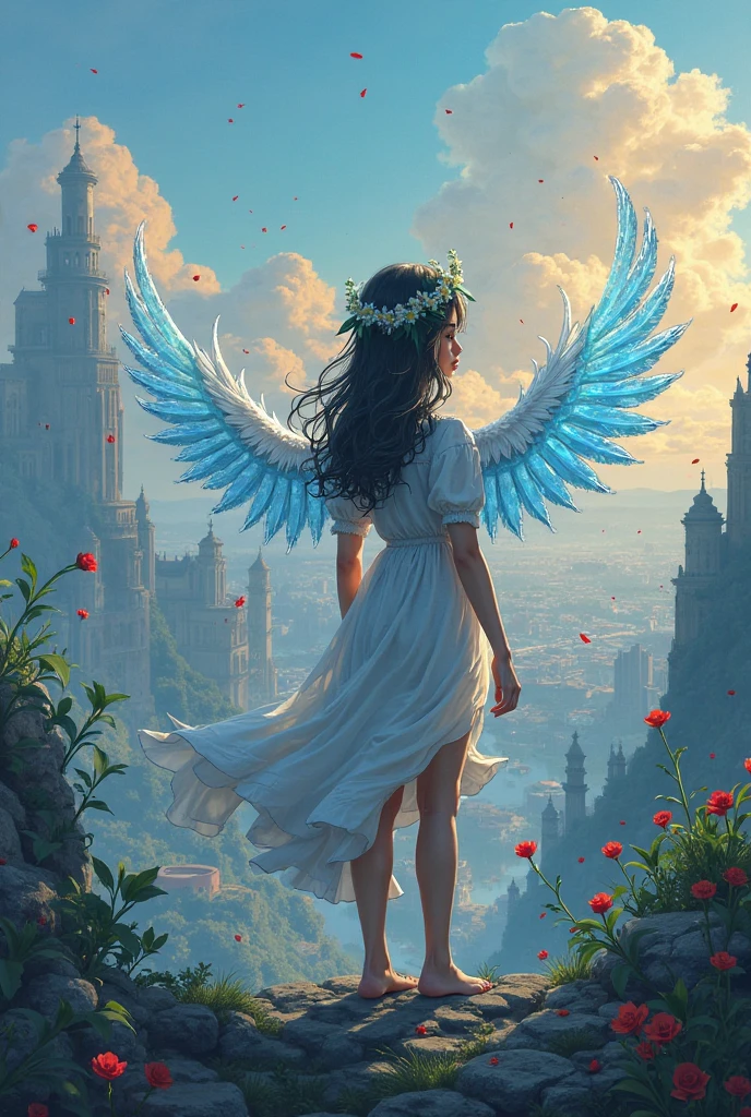 high resolution,1 character,soio,largeeyes,view over city,Water Effects,Efeito de Luz,fluttering feathers:1.2,Fantasy style,Oil painting texture,Fine to the smallest detail,Foto realism,Immersive colors,Dreamlike