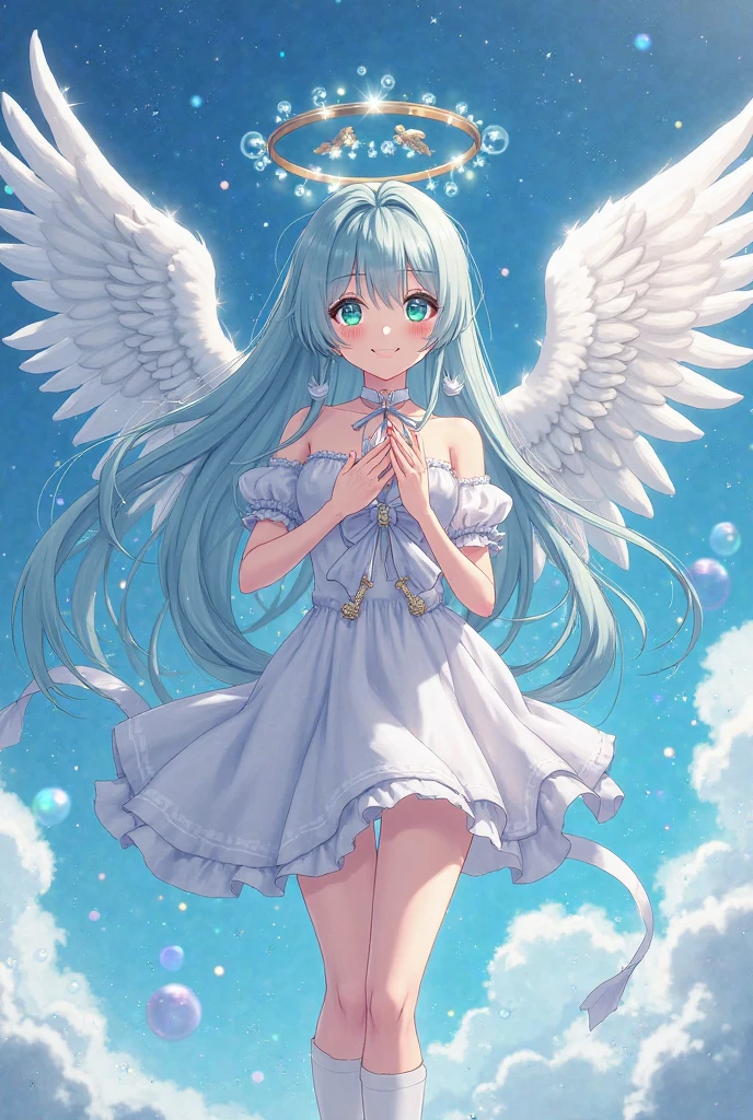 (Masterpiece ), (Best Quality), (Official Art, Extremely Fine CG Unity 8k Wallpaper), ( Very Detailed ), ((Absurd )), 1girl, 中景 the scene is, (exquisite facial features),(Six-winged angel:1.3) ((SFW)),((clear hand)), ((White knee-length socks( without wearing shoes ))),Aqua Eyes, color contact lenses, Stars In Your Eyes, (((Colored bubbles))), colored glass, (album covers)