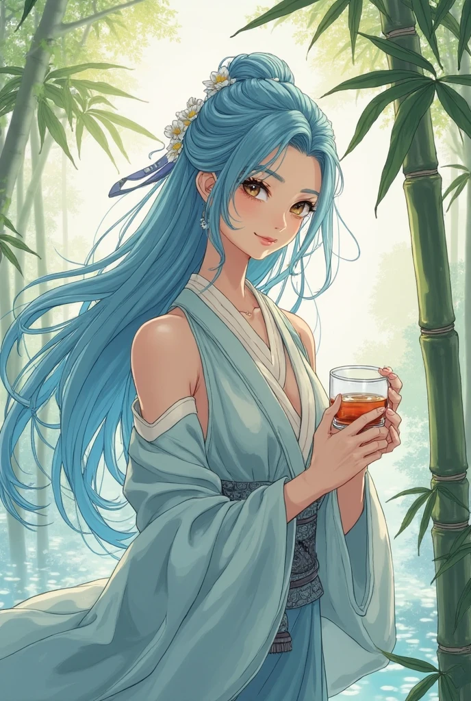 Masterpiece , Best Quality, Official Art, 8k wallpaper, Very Detailed, illustration, 1 boy, Chinese style , ink, sky blue hair, long hair, Eye for detail, Forrest fun, bare shoulders, hanfu, lake, pure, gentle smile , bamboos, teas