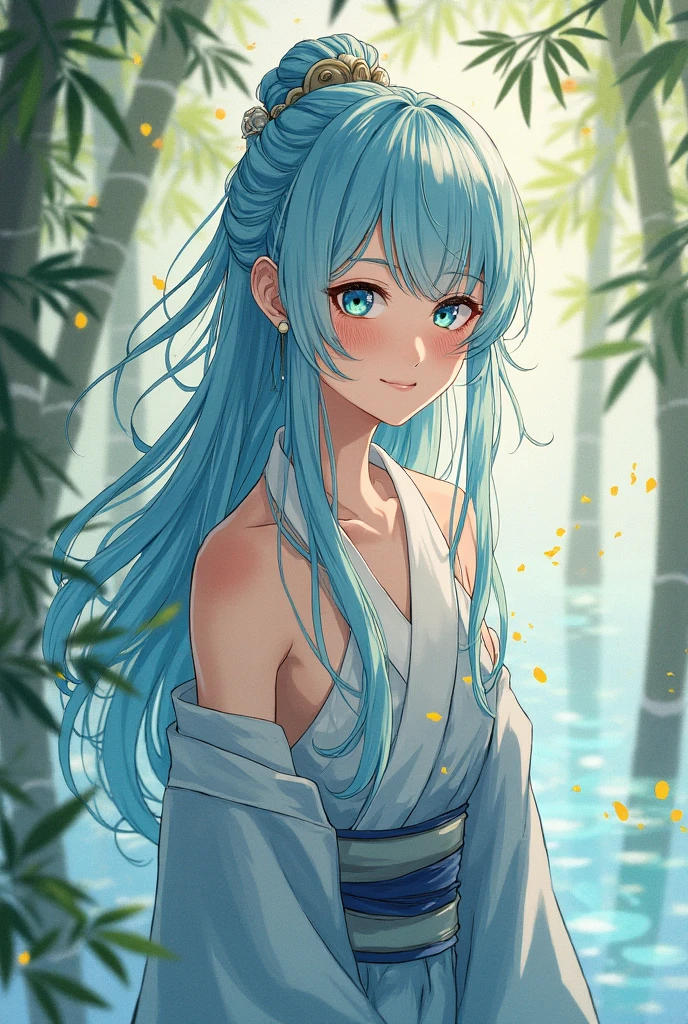 Masterpiece , Best Quality, Official Art, 8k wallpaper, Very Detailed, illustration, 1 boy, Chinese style , ink, sky blue hair, long hair, Eye for detail, Forrest fun, bare shoulders, hanfu, lake, pure, gentle smile , bamboos, teas