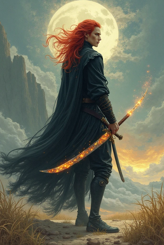 Dream Westward Journey,Swordsman,red hair,black clothes,Illuminated levelless weapon,Handsome