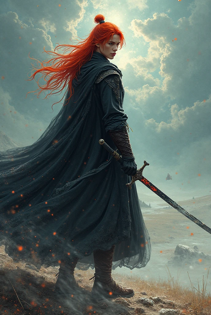 Dream Westward Journey,Swordsman,red hair,black clothes,Illuminated levelless weapon,Handsome