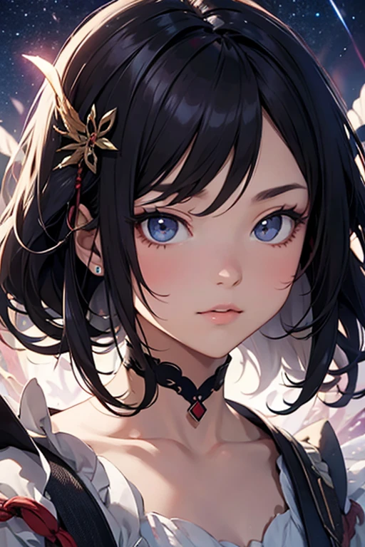 Masterpiece , Amazing girl, cute female , Broken, high-detail eyes, perfect eyes, Portrait, high-detail face, Same vision, strong lights, Irridescent color, globalillumination, soft lighting, dreamy light, digitial painting, 8 thousand Close-up, fanciful, nigh sky, As estrelas, Starcloud, White crystal, rays of moonlight, peacful, 夏天, (8 thousand:1.1)