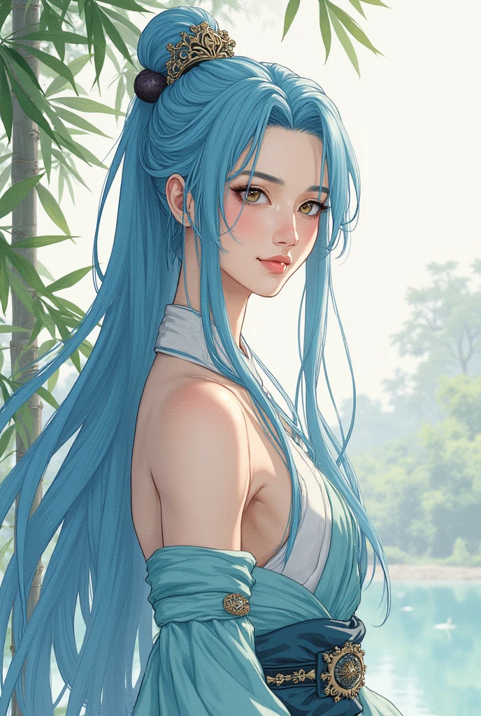 Masterpiece , Best Quality, Official Art, 8k wallpaper, Very Detailed, illustration, 1 boy, Chinese style , ink, sky blue hair, long hair, The attention to detail, Forrest fun, bare shoulders, hanfu, lake, pure, gentle smile , bamboos, teas