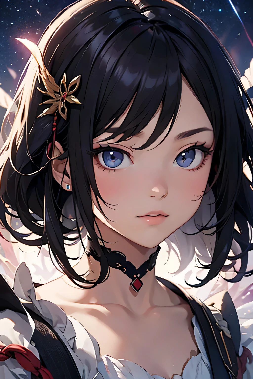Masterpiece , Amazing girl, cute female , Broken, high-detail eyes, perfect eyes, Portrait, high-detail face, Same vision, strong lights, Irridescent color, globalillumination, soft lighting, dreamy light, digitial painting, 8 thousand Close-up, fanciful, nigh sky, As estrelas, Starcloud, White crystal, rays of moonlight, peacful, 夏天, (8 thousand:1.1)