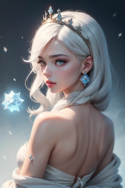 Masterpiece  , Best Quality,CGI Art, Japanese anime,illustration,1 girl  , maam, A queen, White robe,White pupils, beautiful eyes, white colored eyelashes, Cold, Frost Condensation,colours,Positive light, illuminates the face, ice crystal fragments, Tiny Stones, Sharp Crown, super detailed, Depth of field  ,  Magical Circle , (whiteeyes:1.1), white hair, 真实A queen, yuki, yuki magic, White Magic, sapphires, ice crystal fragments, 沾满由纪脸的ice crystal fragments, icey, } light blue gemstone earrings, Large area of white, Redlip, Excellent,  super detailed, Very Detailed, (High contrast :1.11), light wind, amazing, beautiful eyes,   messy hair, (best illuminates, Extremely Delicately Beautiful), (( lighting)), (from behind:1.3),(upper body:1.3), 