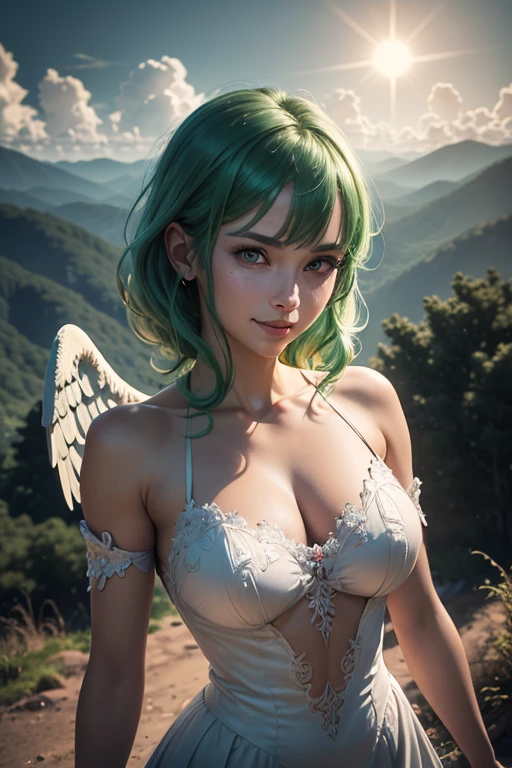 Anime female angel, alone, Green hair, White wings, Yellow flowing, standing on top of a mountain, staring at the forest on the horizon, suns, clouds, rainbow in the sky, Smile , happy, Masterpiece , Best Quality, Intricate Details, high-detail RAW color photo, Very Detailed , god light, Eye for detail, different pupil, contrast , Textured skin , cold pores, Billion pixels, Flawless face, 8k resolution, Beautiful, , Elegant, hyper-realistic, octane rendering , unreality, HD, 8k uhd, physically-based rendering, Perfect Face, detailed facial and body, award winning photography , detailed facial, Surrealism, ray tracing, SFW, ((full bodyesbian)), low angle shot
