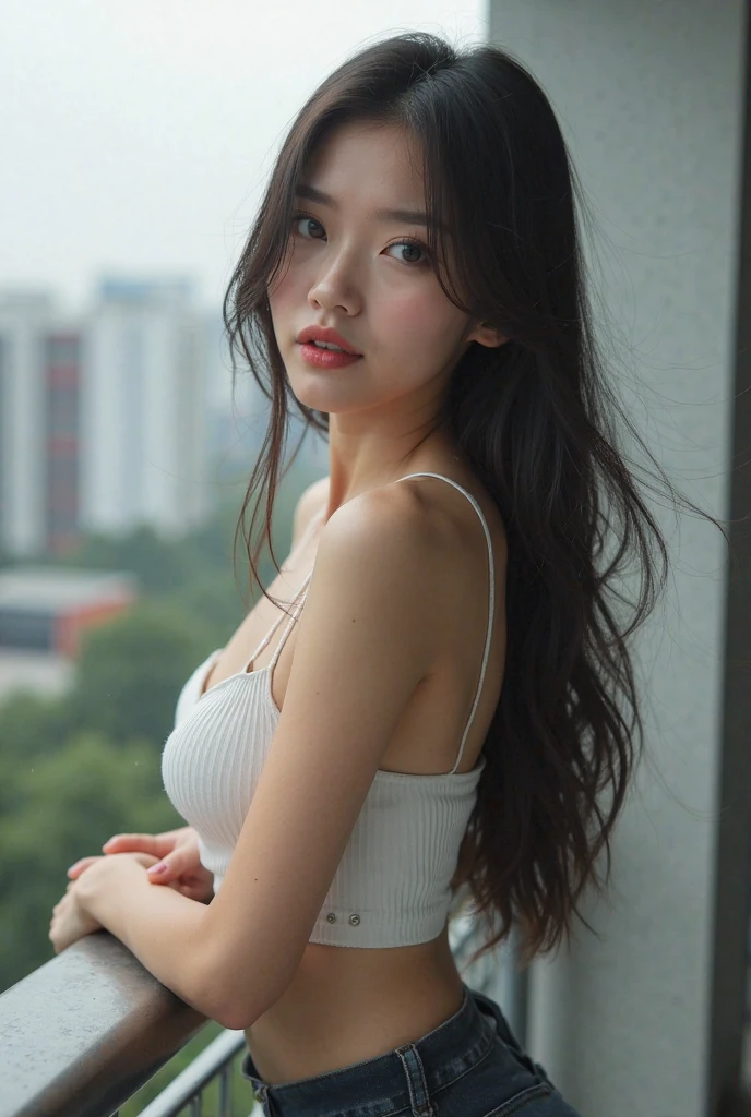 cute asian girl, fit body, long brown hair, elegant dress, harsh makeup, having fun with girlfriends at a rooftop bar, photo realistic, looking away from the camera