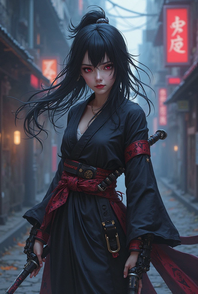 japanese woman, long black hair, detailed face, glowing red eyes, very long ponytail, (naked), medium breasts, elegant walk, catwalk, holding giant katana, front view