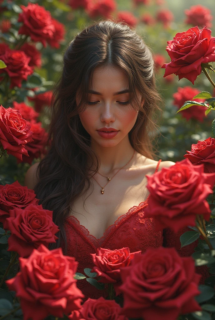 A cute 20 year old white America girl with black hair wearing a red bikini , sitting on the chair in a cute and sexy way. She is holding a rose flowers in her hand