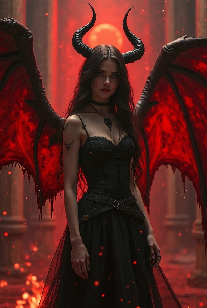 Generate images of demons with crimson wings. Give this image a captivating aura and powerful feather movement. Next, Add a devil's dress designed to emphasize the lines of the body, With feather accents to create a dark and mysterious atmosphere. reeds, Combine accessories with black or dark red headpieces, Crimson Gemstone Necklace、Matching rings and earrings. Finally, Add dark tone makeup and red or black eyeshadow、Complete the atmosphere of the devil.