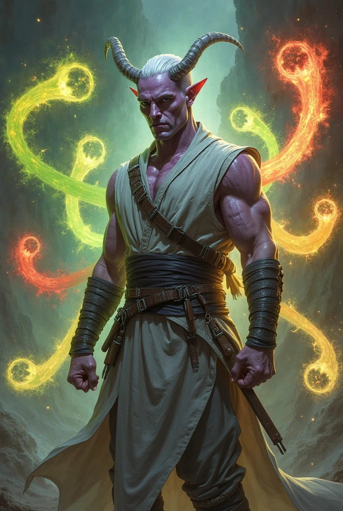Skinny sorcerer, bald, rough facial features, wide jaw, slight unshaven, monobrow, with tattoos all over his body and face, in a raincoat, dungeons and dragons, oil painting, concept art, half-length portrait, pastel strokes, sly grin, viking, facial tattoos, body tattoos, tattooed sleeve, lightning tattoos, tornado, standing with his back to the camera, cartoon style, anime, smile