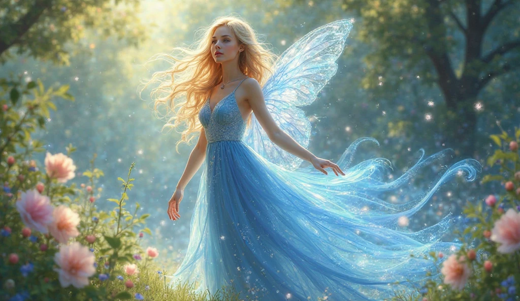 Fairy in blue dress flying in a field of blue flowers