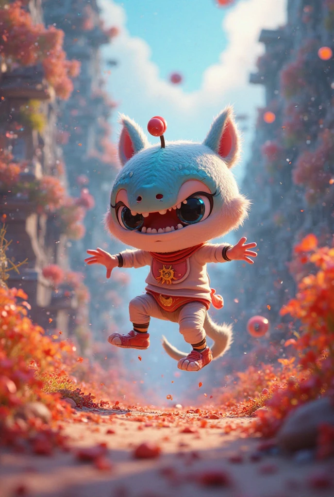 Best Quality), (masutepiece), Charming chibi animation of cute baby with hippopotamus-like face, (Chibi 3D): 1.3, (A detailed face:1.2), (Standing posture:1.1), Royal T Heater Background,(Jumping:1.3) Wearing a costume