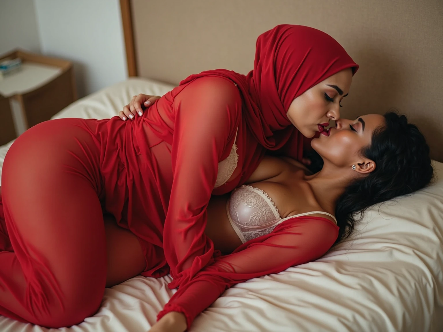 Teen  girl in pink lingerie and hijab, lying on the bed with her boyfriend, boyfriend kissing her  passionately, boy grabs girl's thighs , boy wearing boxers, mom is watching their romance 