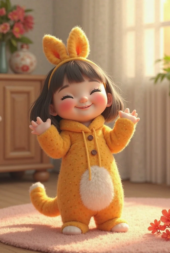 Create UHD photorealistic realistic image, no animation, no 3D image, no Pixar style. Capture a 26-month-old girl with a confident smile, wearing a lion-themed outfit in a studio setting. Use a 50mm lens for sharp detail and a softly blurred background. Lighting should be strong but balanced, highlighting her expressive face. Ensure her hand shows exactly five fingers. The photo should convey strength and warmth, like a classic studio portrait.