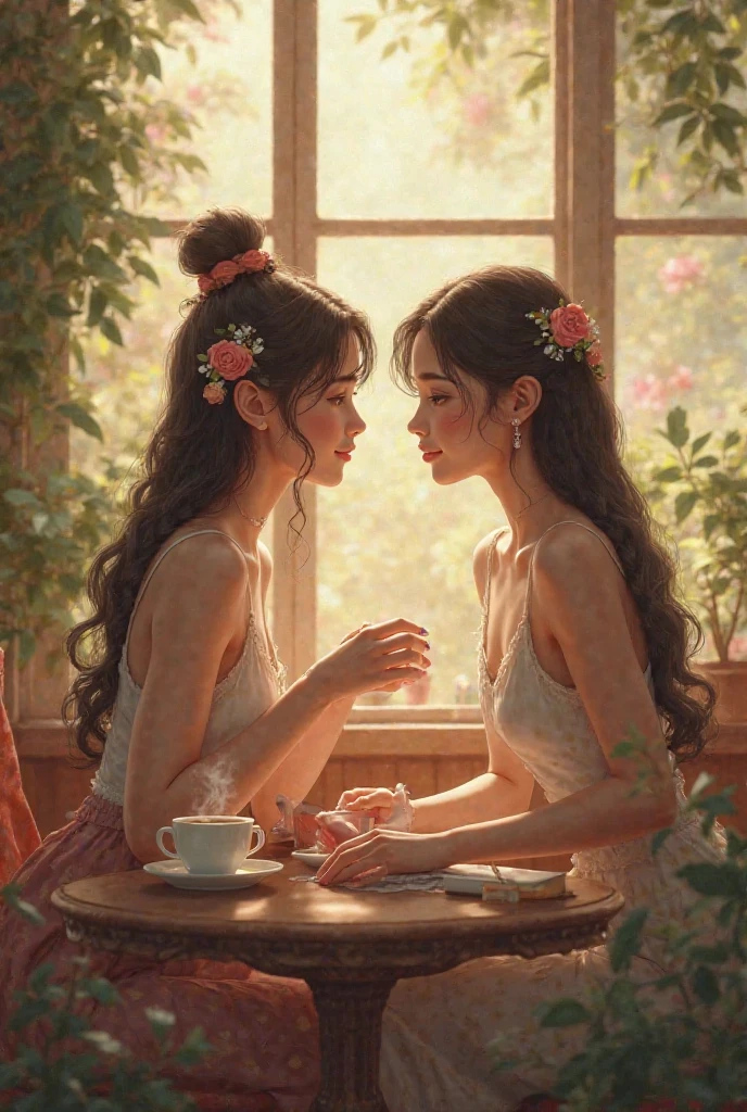 young woman, Olhar Telescope, (masterpiece), (HighestQuali), two girls is deeply in love with each other, kiss, Paint oil, Realistic oil painting, bust, clear details, high realism, clothing style of the era