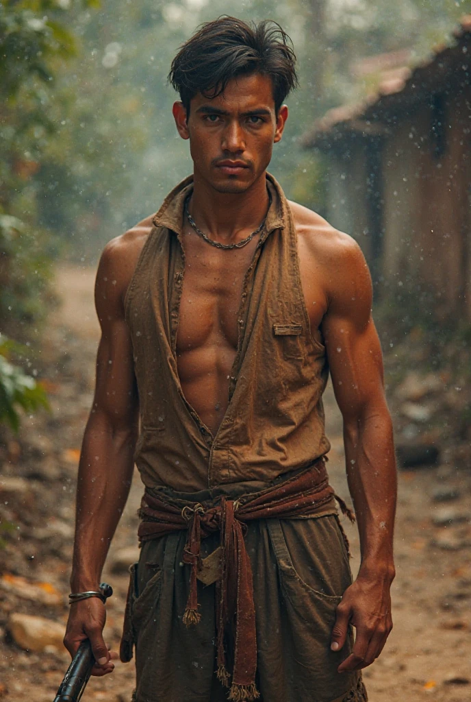 a ripped tanned young boy, Shirtless, curly very short black hair, sweaty and ragged attire, G-string, standing in a rustic village setting, high detail, realistic, dynamic lighting, portrait, character design, cinematic atmosphere, masterpiece .