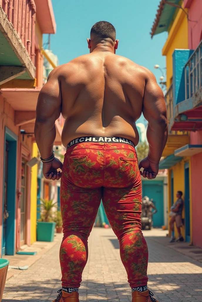 Make a very detailed picture of a shirtless male that is 6 feet 2 inches tall male twunk with big pecs, thicc ass, curvy figure, toned flat stomach, and back length curly black hair ties into a man bun showing off his thicc ass in tight female lace panties in public at pride parade