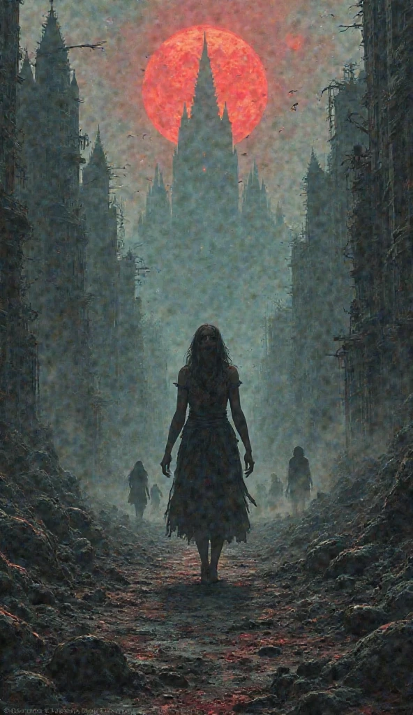 A woman walks in the pitch-dark streets, drooping her head as if in the depths of despair, The woman in despair is suddenly illuminated by the headlights of an intensely bright car and the world is instantly illuminated in a bright white light