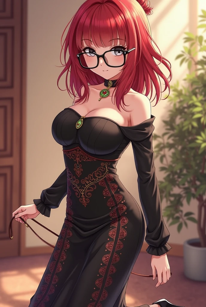(Masterpiece, Best Quality, High Quality), Nishikino maki, Red hair, ultra detail hair, ultra detail face, perfect eyes, Debauchery secretary, exposed underwear,Wearing glasses, Big tight, Wear corsets and stockings, 超高分辨率,Detailed background,hades style,Solo, \(Theme\),Dark fantasy,Evil,Depth of field